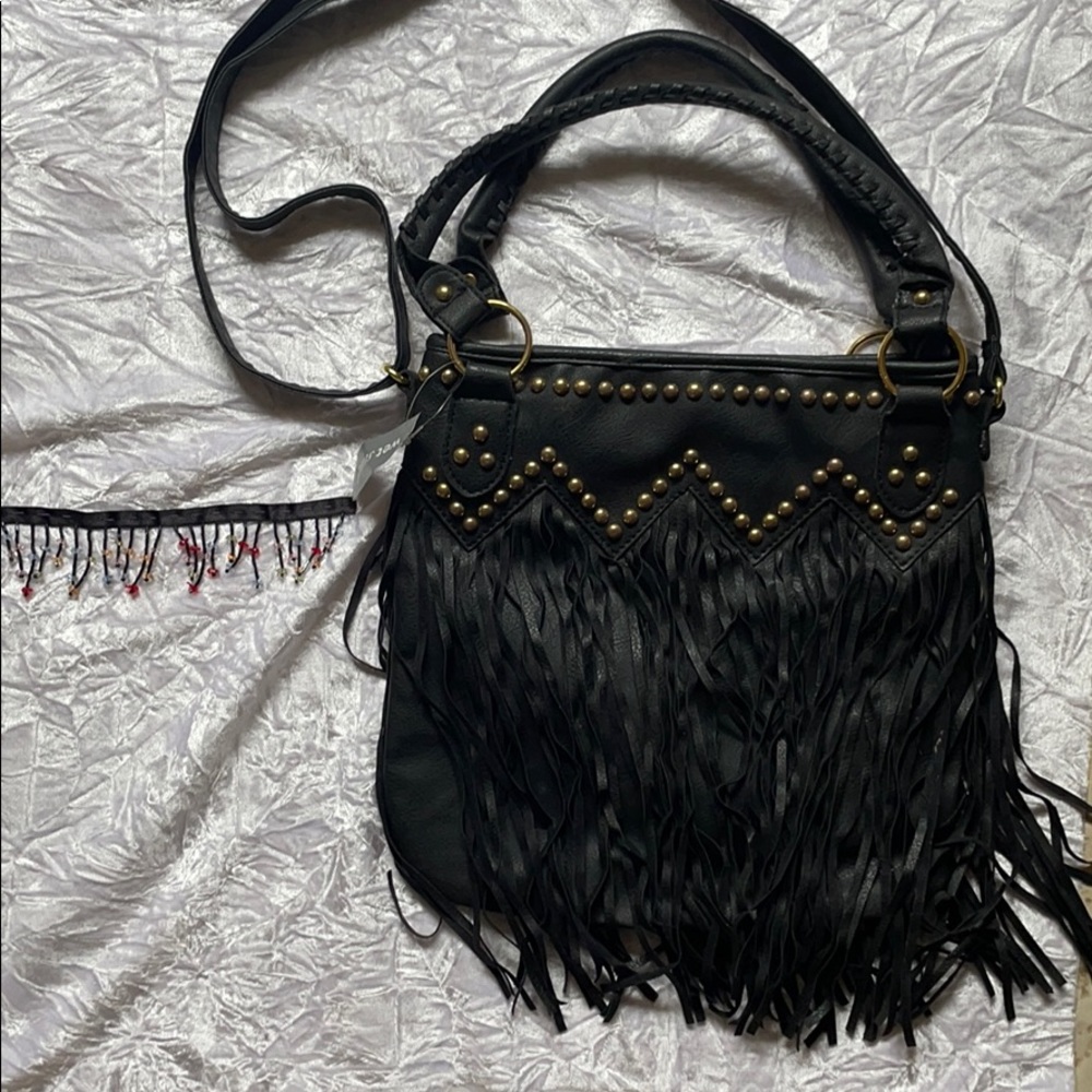 Black fringe bag+ gold studs NWT